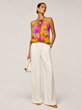 Trina Turk silk bold floral 70s inspired luxury resort gold chain halter top.